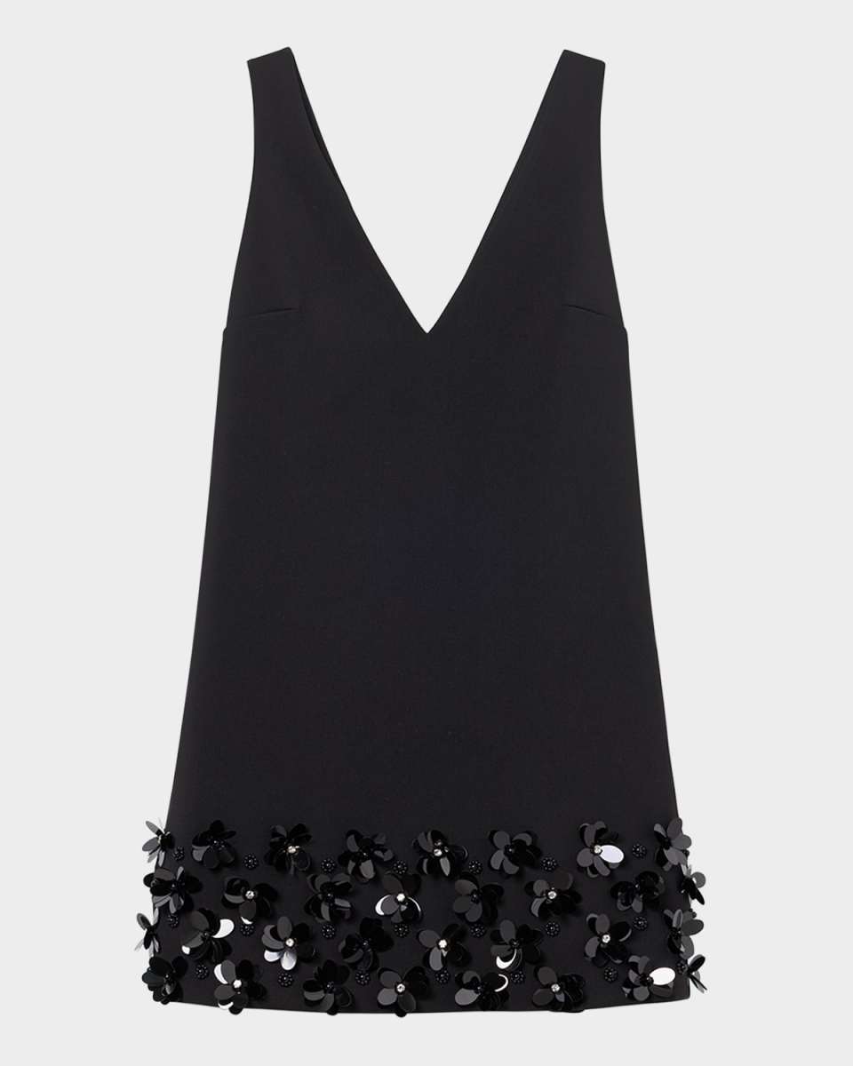 Black Crepe 3D Sequined Mini Dress